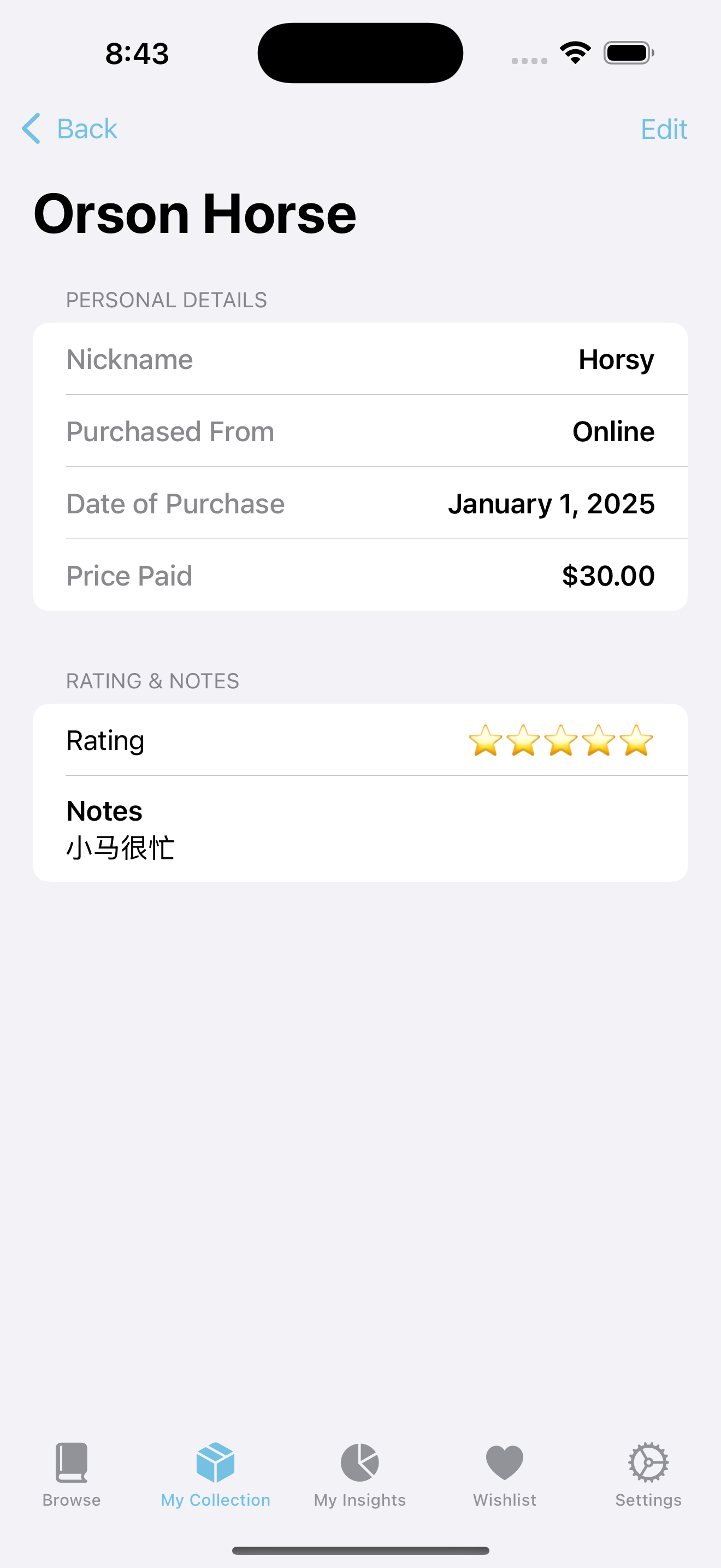 Editing personal details for an item