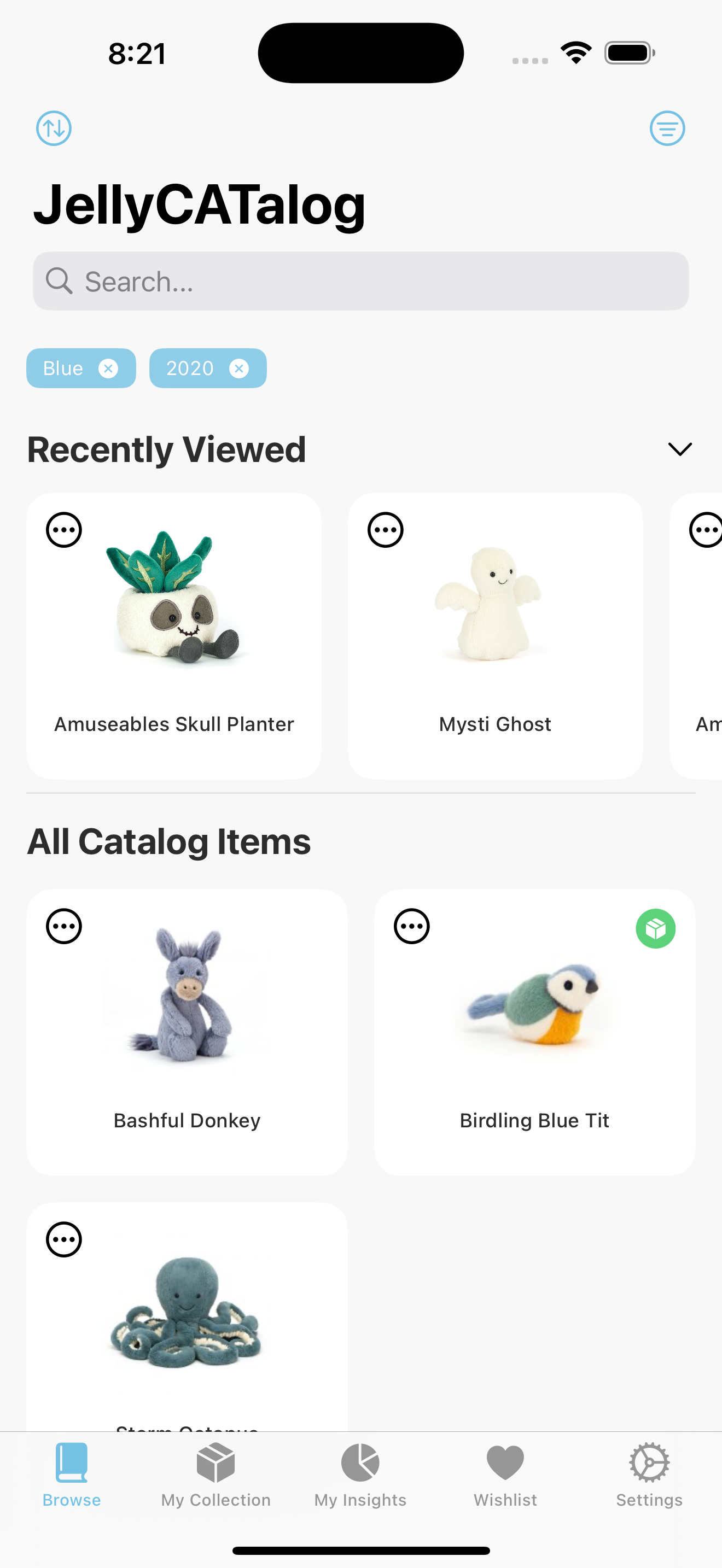 App showing filter results for 'Blue' and '2020'