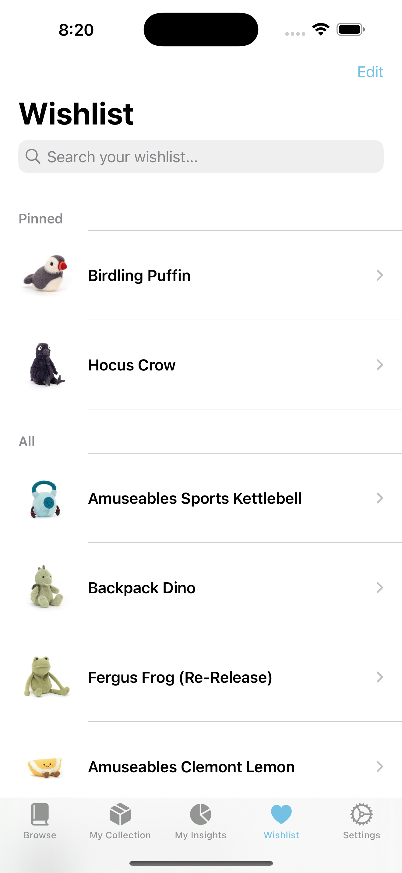 App Wishlist screen